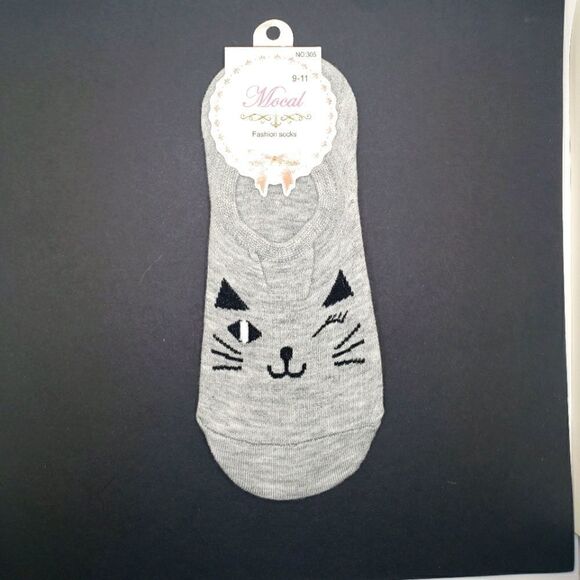 Gray Kitty Cat No Show Socks - Picture 1 of 2